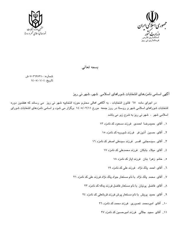 اسامی نامزدهای انتخابات شورای شهر نی ریز