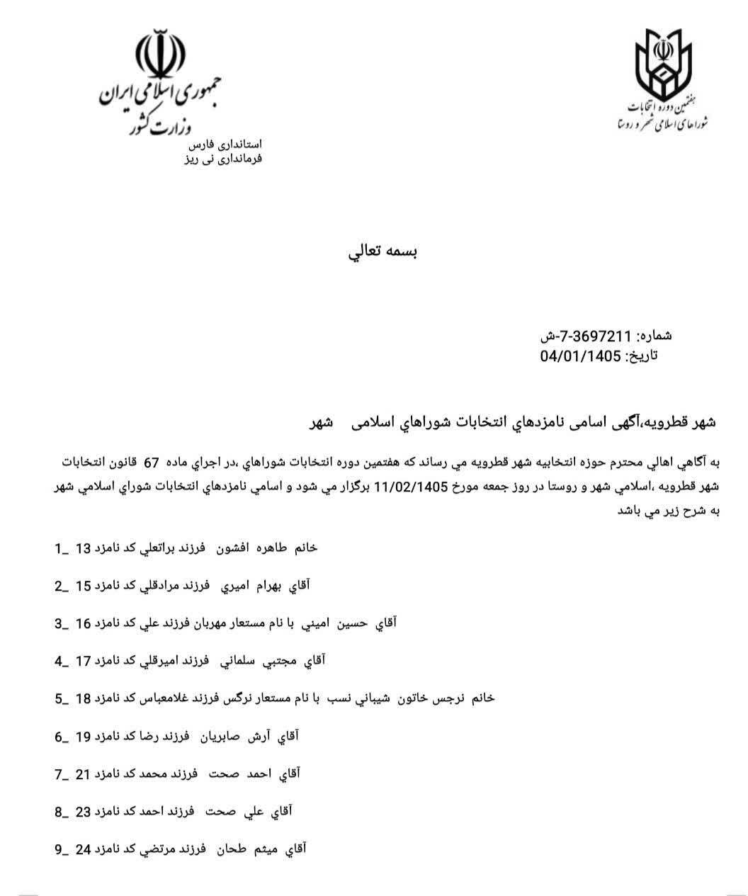 اسامی نامزدهای انتخابات شورای شهر قطرویه