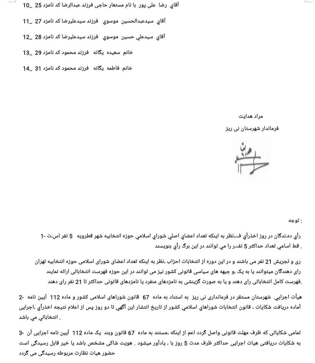 اسامی نامزدهای انتخابات شورای شهر قطرویه