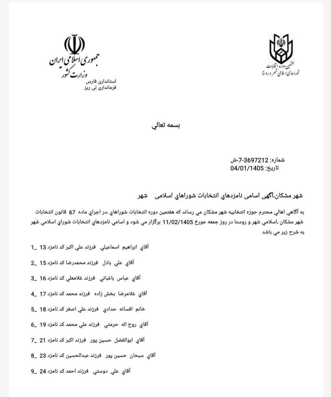 اسامی نامزدهای انتخابات شورای شهر مشکان