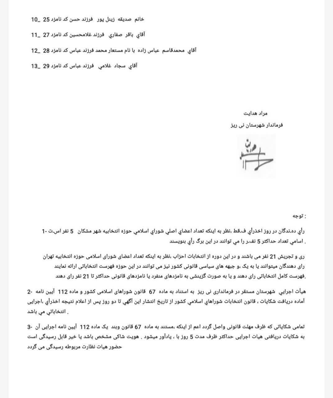 اسامی نامزدهای انتخابات شورای شهر مشکان
