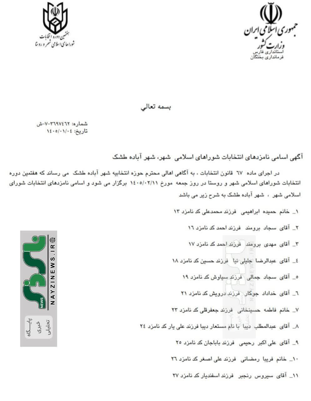 اسامی نامزدهای انتخابات شورای شهر آباده طشک اسامی نامزدهای انتخابات شورای شهر آباده طشک