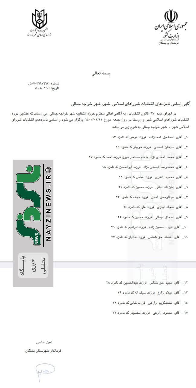 اسامی نامزدهای انتخابات شورای شهر خواجه جمالی اسامی نامزدهای انتخابات شورای شهر خواجه جمالی
