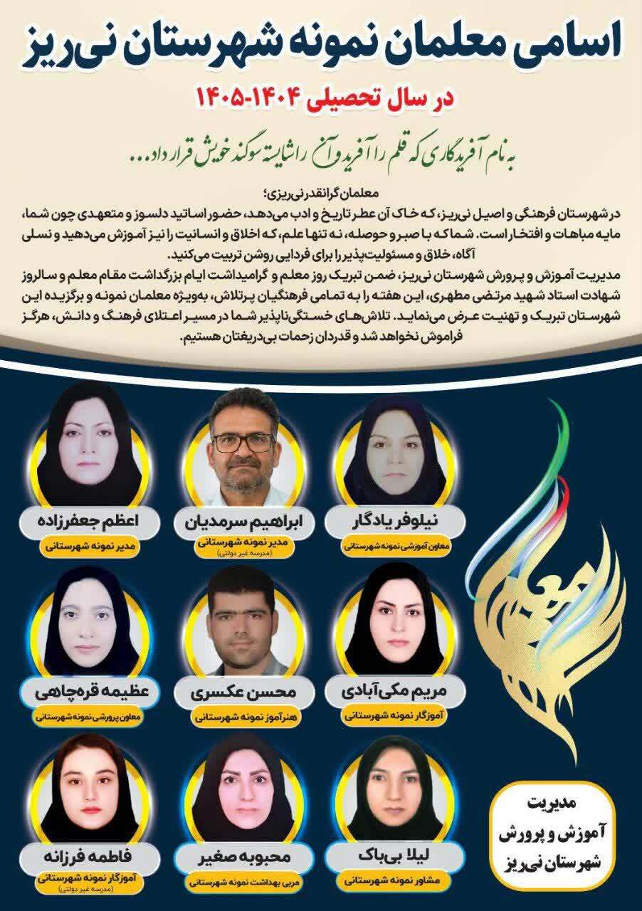  اسامی معلمان نمونه شهرستان نی‌ریز در سال تحصیلی ۱۴۰۴-۱۴۰۵